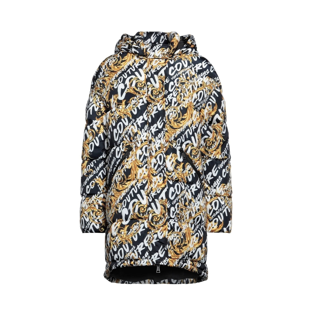 Versace Jeans Couture women's quilted polyester shell jacket in black featuring an all-over gold and white logo and baroque print, a removable hood, and zip/snap closure, available at Lestyle Boutique 136 Little Collins St.