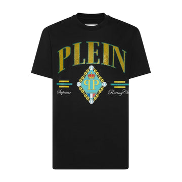 Philipp Plein black cotton jersey t-shirt with a round neck, short sleeves, and a "Supercar Stones" rhinestoned pattern print on the front, available at Lestyle Boutique 136 Little Collins St.