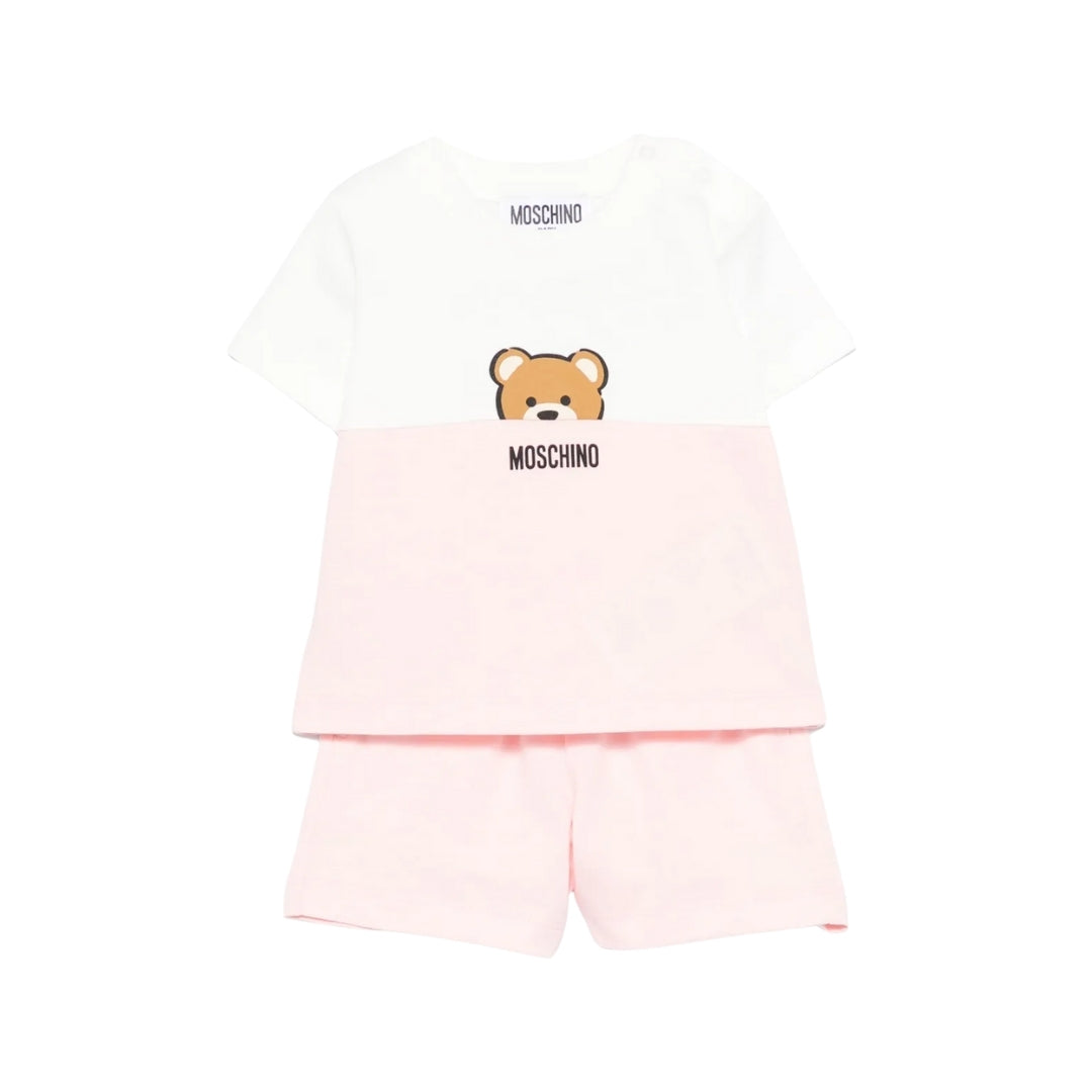 Moschino Kids/Baby two-piece set including a color-block (white/pink) t-shirt with Teddy Bear print and matching pink shorts, available at Lestyle Boutique 136 Little Collins St.