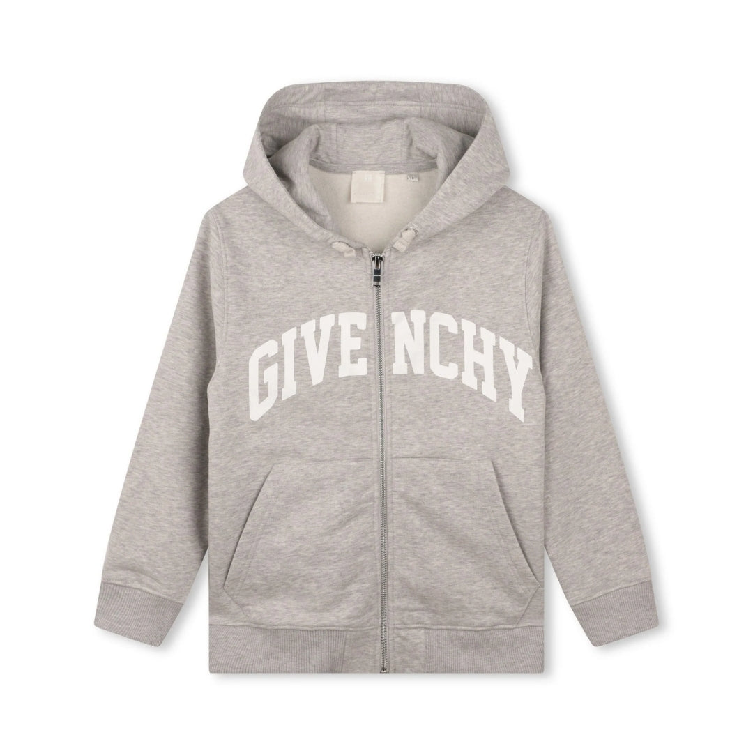 Givenchy Kids grey melange effect cotton blend zip-up hoodie with a white 'GIVENCHY' logo print on the chest, drawstring hood, and kangaroo pockets, available at Lestyle Boutique 136 Little Collins St.
