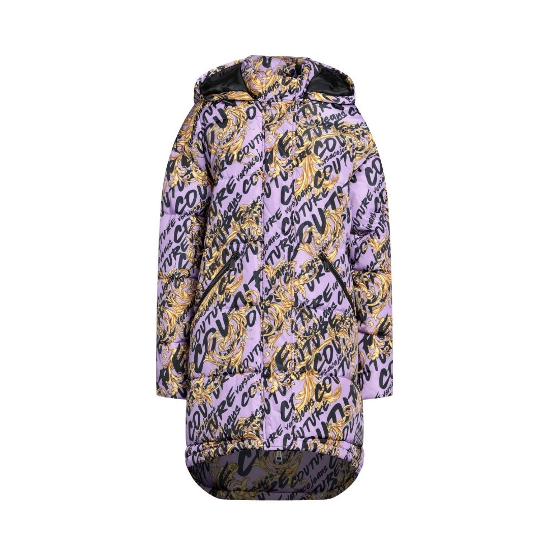 Versace Jeans Couture women's quilted polyester shell jacket in mauve featuring an all-over gold and black logo and baroque print, a removable hood, and zip/snap closure, available at Lestyle Boutique 136 Little Collins St. Sources and related content