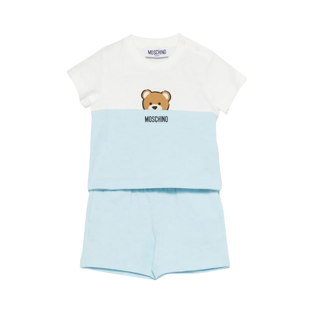 Moschino Kids/Baby two-piece set including a color-block (white/light blue) t-shirt with Teddy Bear print and matching light blue shorts, available at Lestyle Boutique 136 Little Collins St.