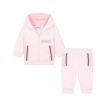 BOSS KIDS light pink organic cotton blend tracksuit set featuring a stylish design perfect for active little ones. This premium kidswear outfit includes a comfortable top with a front closure and a hood, along with trousers that have an elasticated waistband and ankles for a secure fit. Crafted from high-quality organic materials, this set ensures both comfort and style for your child. Ideal for casual outings or playtime, available at Lestyle Boutique Melbourne.