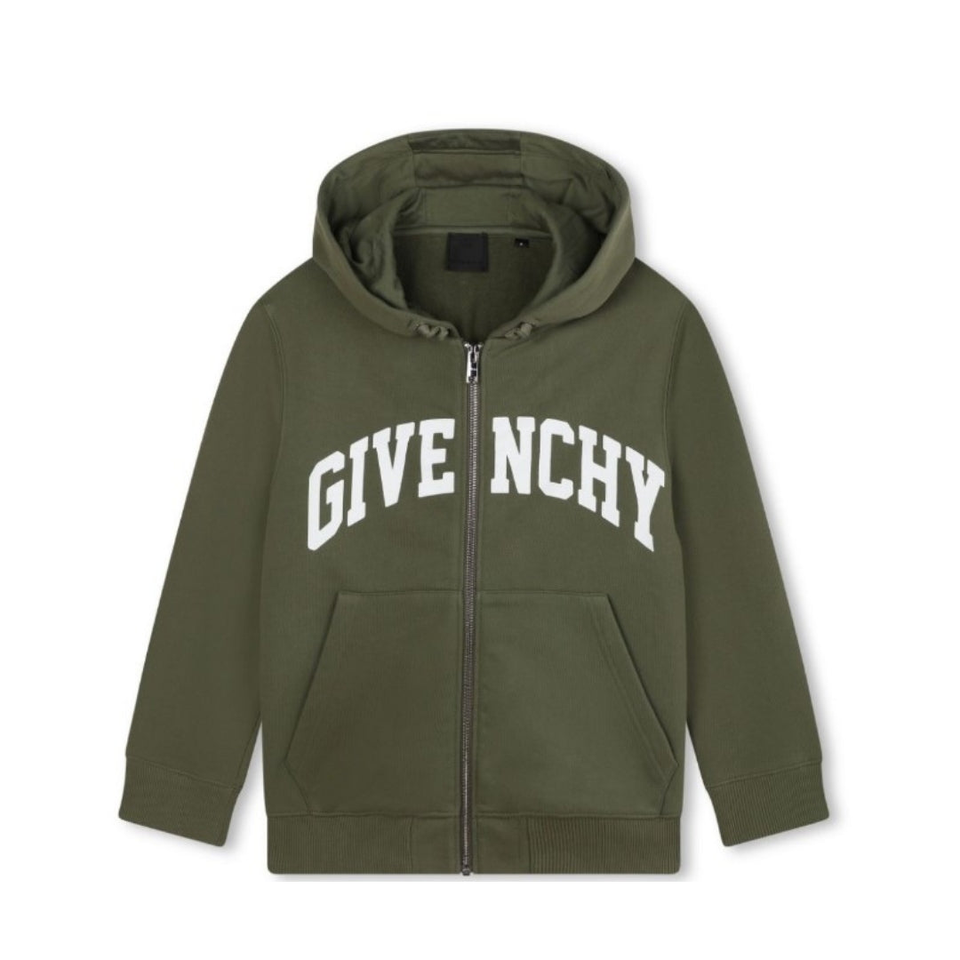 Givenchy olive green zip-up hoodie featuring a large white 'GIVENCHY' logo printed on the chest, an attached hood, and split kangaroo pockets, available at Lestyle Boutique 136 Little Collins St.