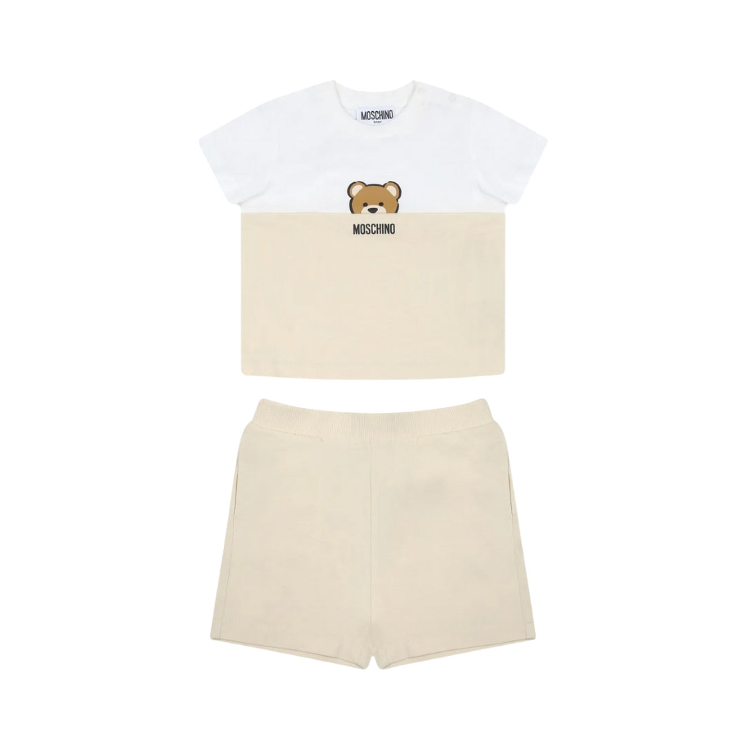 Moschino Kids/Baby two-piece set including a color-block (white/beige) t-shirt with Teddy Bear print and matching beige shorts, available at Lestyle Boutique 136 Little Collins St.