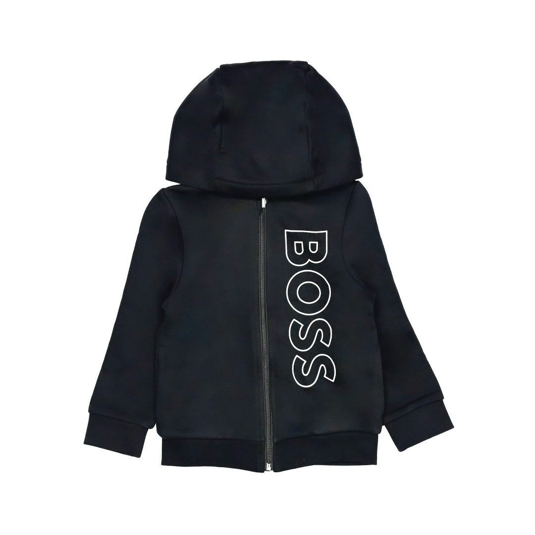 BOSS black zip-up hooded sweatshirt featuring a white vertical logo print along the zipper, available at Lestyle Boutique 136 Little Collins St.