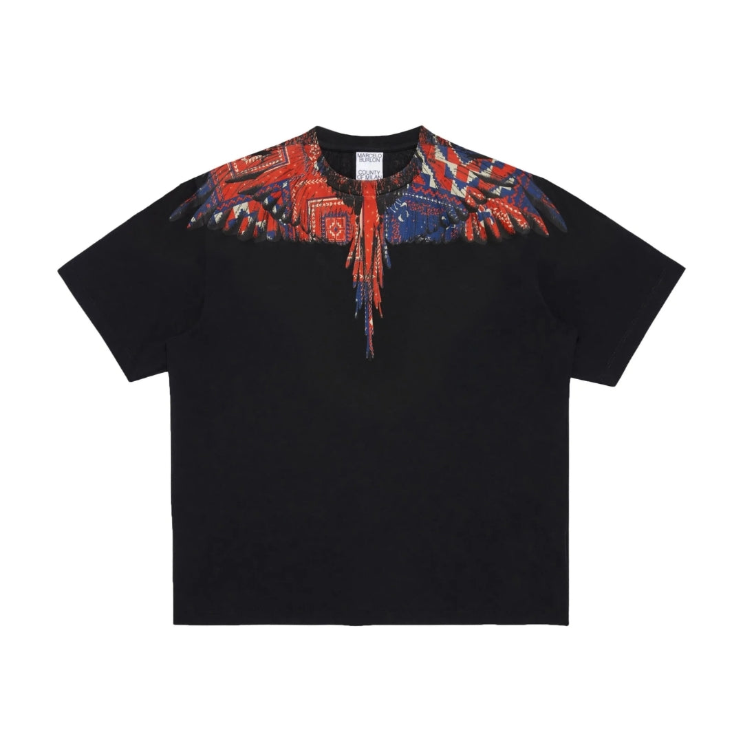 Marcelo Burlon County of Milan men's black cotton jersey t-shirt with a crew neck, short sleeves, and the signature Bandana Wings print in red and multi-color across the shoulders and chest, available at Lestyle Boutique 136 Little Collins St.