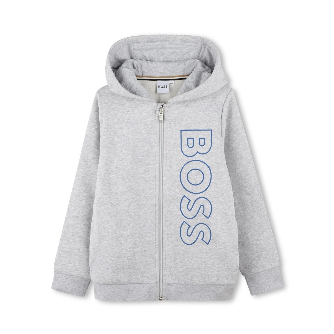 BOSS Kidswear light grey cotton blend fleece zip-up hoodie featuring a blue vertical logo print to the front, slouchy hood, and two side slit pockets, available at Lestyle Boutique 136 Little Collins St.