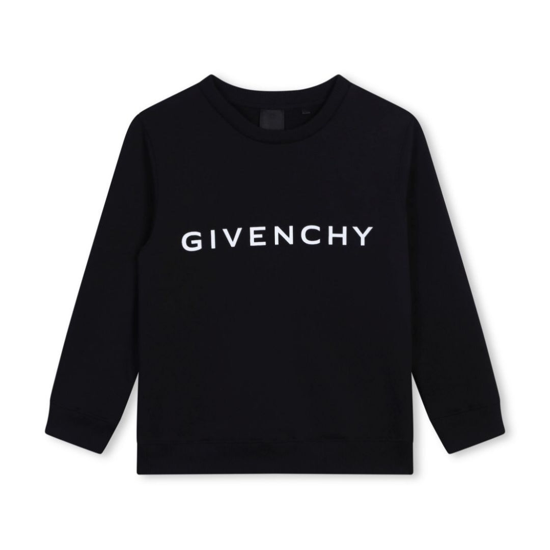 Givenchy black sweatshirt featuring a large white 'GIVENCHY' logo printed on the chest, crew neck, and long sleeves, available at Lestyle Boutique 136 Little Collins St.