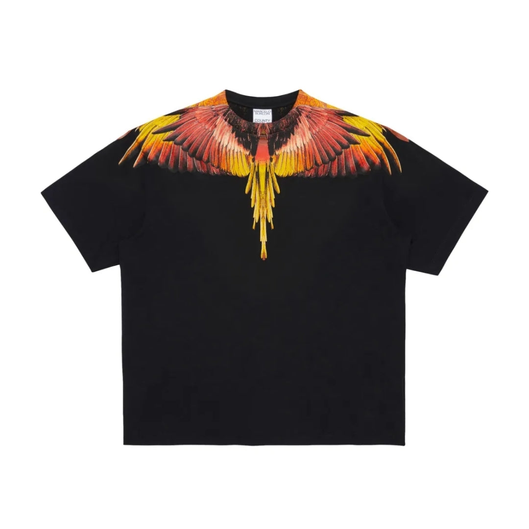 Marcelo Burlon County of Milan men's black cotton jersey t-shirt with a crew neck, short sleeves, and the signature Icon Wings print in amber and orange tones across the shoulders and chest, available at Lestyle Boutique 136 Little Collins St.