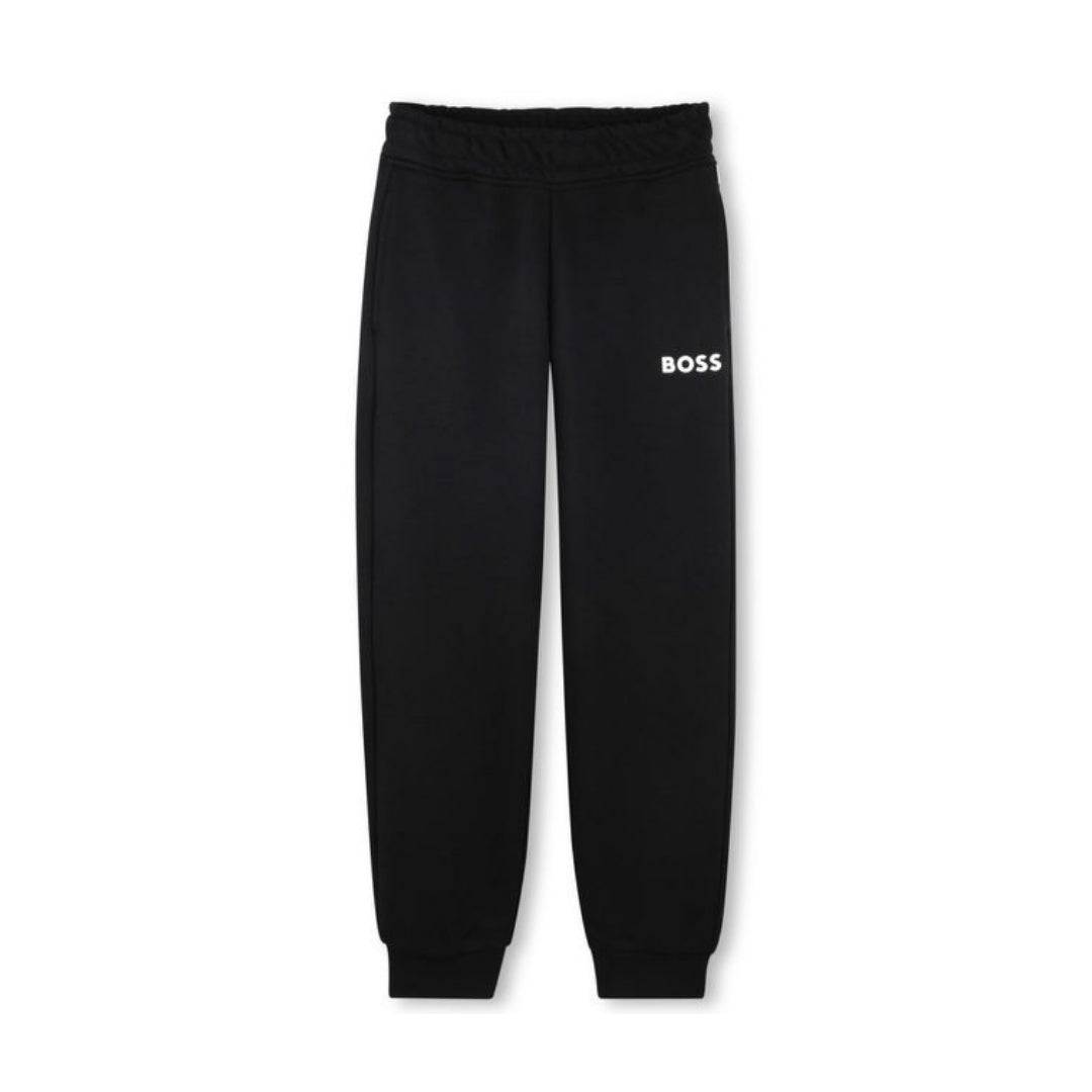 BOSS Kidswear black polyester/cotton kids logo-print track pants with a white logo on the thigh and cuffed ankles, available at Lestyle Boutique 136 Little Collins St.