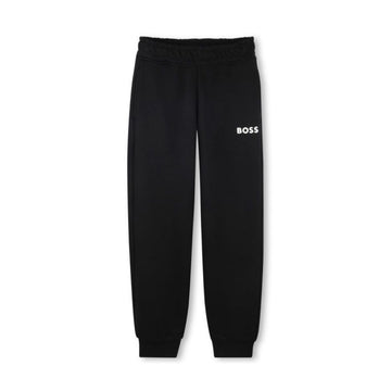 BOSS Kidswear black polyester/cotton kids logo-print track pants with a white logo on the thigh and cuffed ankles, available at Lestyle Boutique 136 Little Collins St.
