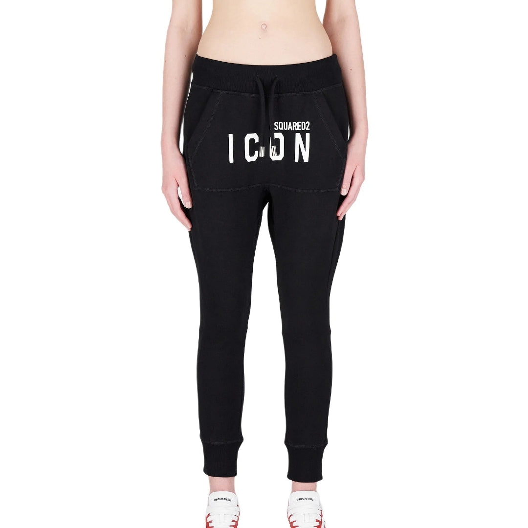 Dsquared2 women's black cotton track pants featuring a drawstring waist, ribbed cuffs, and a white 'Dsquared2 Icon' logo print vertically on the left leg, made in Italy, available at Lestyle Boutique 136 Little Collins St.