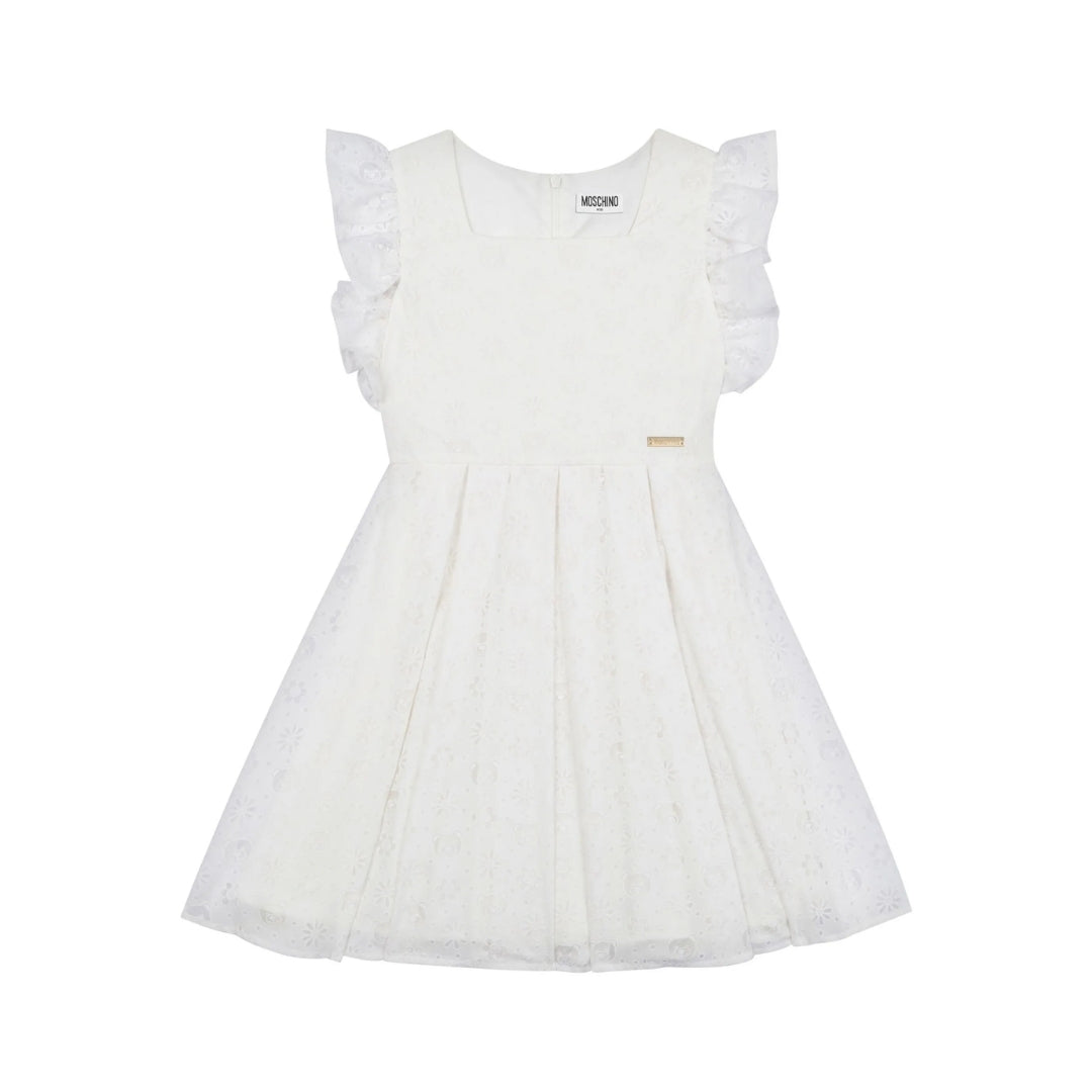 Moschino Kids girls' white jacquard dress featuring a square neck, sleeveless design with ruffled detailing, a gold-tone logo plaque below the neckline, and a concealed rear zip, available at Lestyle Boutique 136 Little Collins St.
