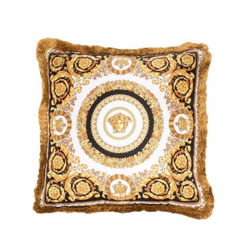 Versace gold, black and white silk pillow featuring a characteristic Baroque print, two-tone design and fringed border, made of silk and synthetic fibers, available at Lestyle Boutique 136 Little Collins St.