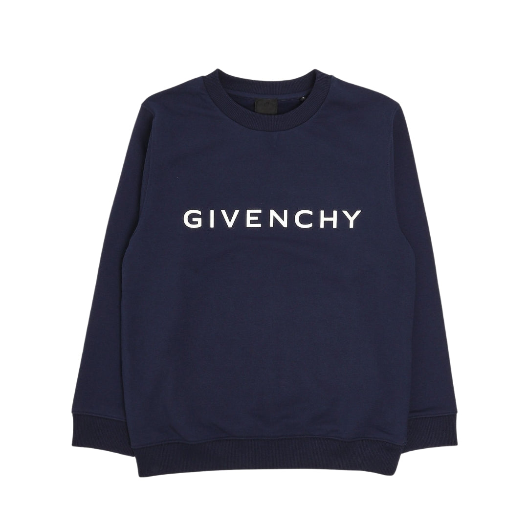 Givenchy boy's blue cotton-blend sweatshirt from the Winter 24/25 collection, featuring a white 'GIVENCHY' printed logo on the front and crew neck, available at Lestyle Boutique 136 Little Collins St.
