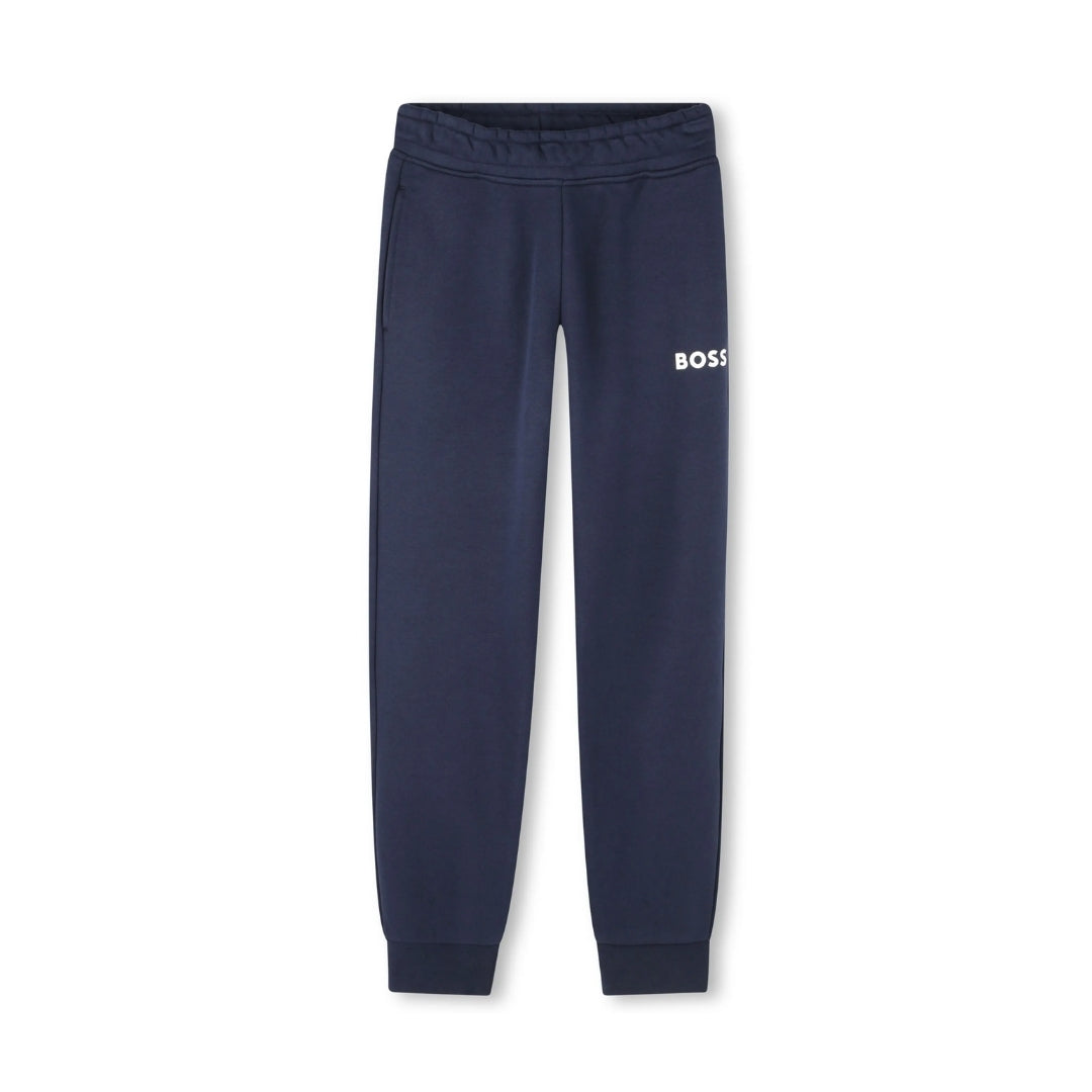 BOSS Kidswear midnight blue cotton blend jersey track pants for boys, featuring a logo print at the leg, elasticated waistband, two side inset pockets, and a straight leg cut, available at Lestyle Boutique 136 Little Collins St.