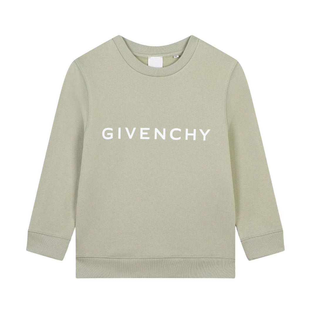 Givenchy sage green sweatshirt featuring a large white 'GIVENCHY' logo printed on the chest, crew neck, and long sleeves, available at Lestyle Boutique 136 Little Collins St.
