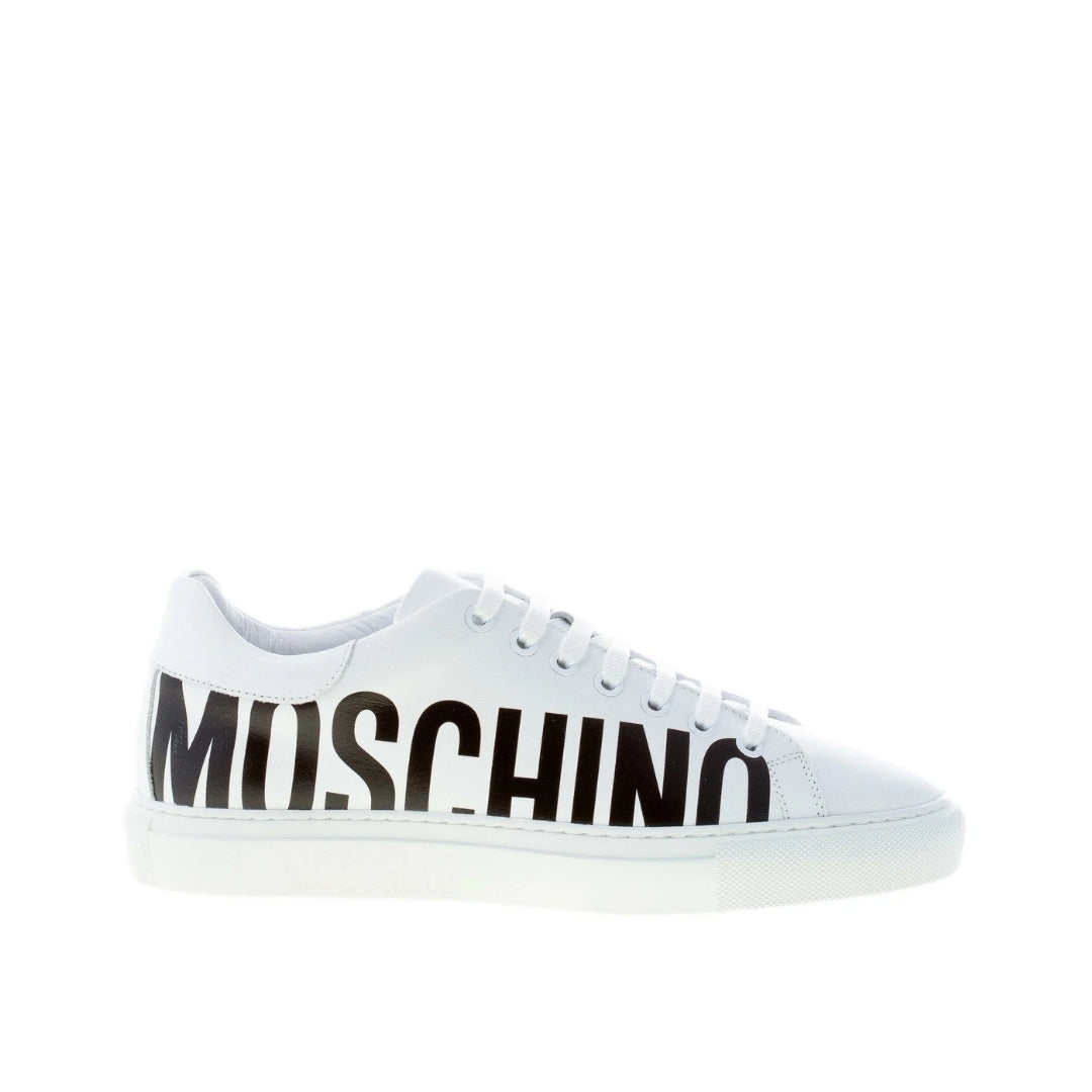Moschino men's white leather low-top sneakers with lace-up fastening and large black logo lettering along the side, available at Lestyle Boutique 136 Little Collins St.