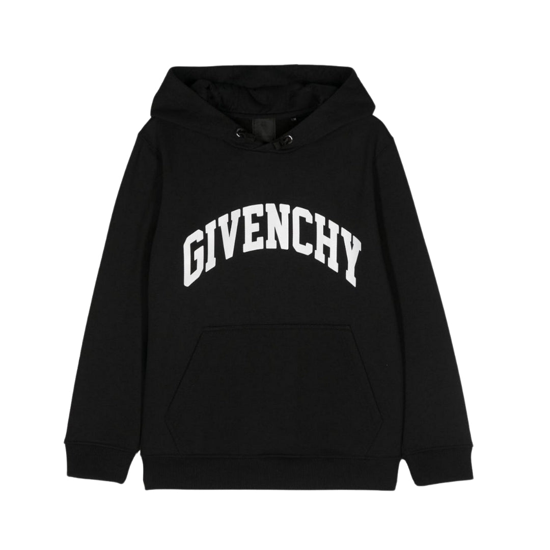 Givenchy Kids black hooded sweatshirt featuring a white 'GIVENCHY' logo print on the chest, kangaroo pocket, and a small white logo detail on the lower back, available at Lestyle Boutique 136 Little Collins St.