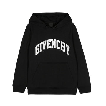 Givenchy Kids black hooded sweatshirt featuring a white 'GIVENCHY' logo print on the chest, kangaroo pocket, and a small white logo detail on the lower back, available at Lestyle Boutique 136 Little Collins St.
