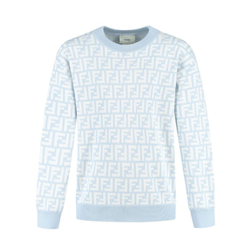 Fendi Kids baby blue pique knit sweater in a viscose-cotton blend, featuring a tone-on-tone all-over FF logo pattern and ribbed trims, Made in Italy, available at Lestyle Boutique 136 Little Collins St.