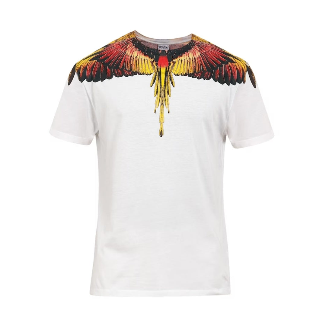 Marcelo Burlon men's white cotton t-shirt with a crew neck, half sleeves, and the signature colorful Icon Wings print across the shoulders and chest, available at Lestyle Boutique 136 Little Collins St.