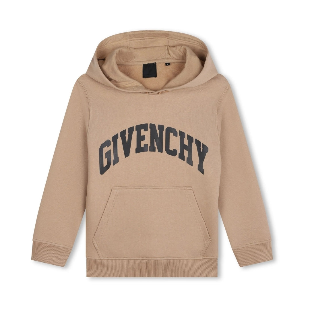 Givenchy beige hooded sweatshirt featuring a large dark arched 'GIVENCHY' logo printed on the chest, an attached hood, and a kangaroo pocket, available at Lestyle Boutique 136 Little Collins St.