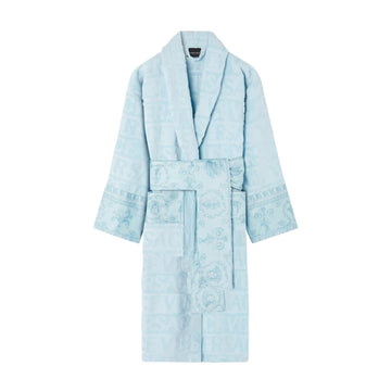 Versace I ♡ Baroque bathrobe in light blue with tonal Allover logo and Barocco print accents, made from soft cotton terry. Shop luxury robes now at Lestyle Boutique Melbourne.