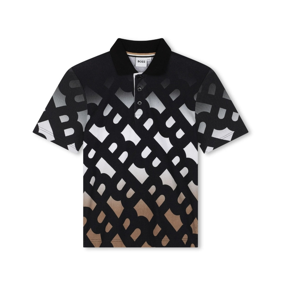 BOSS boys black cotton pique short-sleeved polo shirt with a large brown and white ombré effect monogram print, available at Lestyle Boutique 136 Little Collins St.