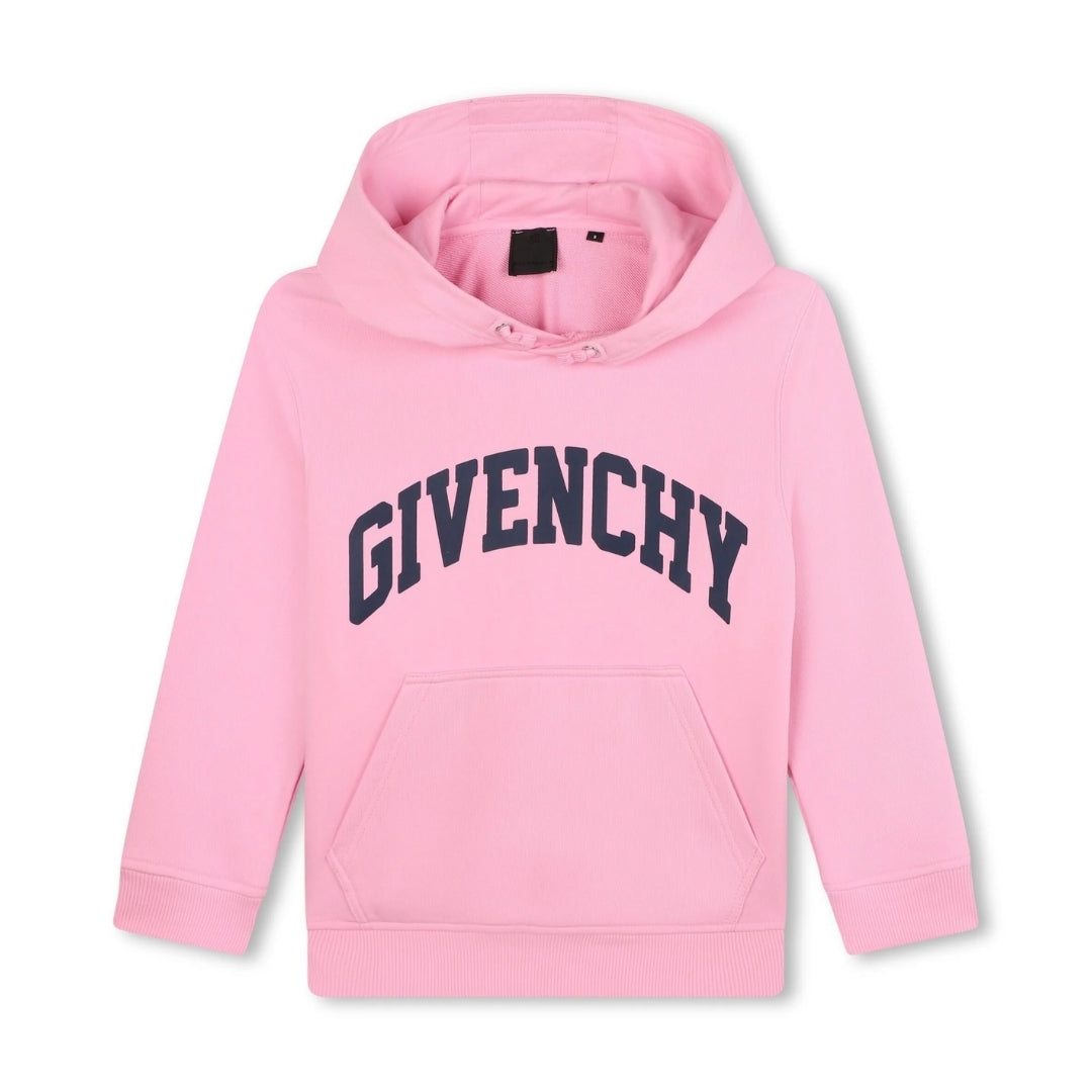 Givenchy Kids pink cotton blend logo-print drawstring hoodie featuring a dark arched 'GIVENCHY' logo on the front, a 4G print on the back, and kangaroo pocket, made in Tunisia, available at Lestyle Boutique 136 Little Collins St.