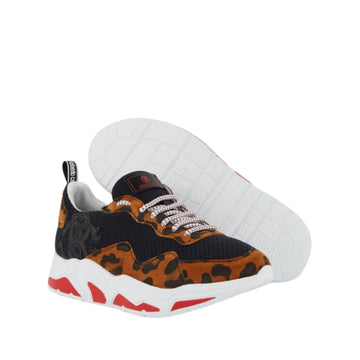 Roberto Cavalli lace-up sneakers featuring black perforated panels, contrasting leopard print panels, and a chunky white and red sole, available at Lestyle Boutique 136 Little Collins St.