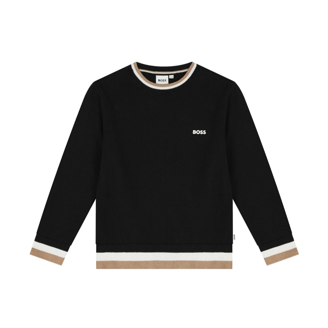 BOSS boys black knitted jumper in a soft cotton and wool blend, featuring a white rubberized logo on the chest and beige, black, and white striped trim on the cuffs, hem, and neckline, available at Lestyle Boutique 136 Little Collins St.