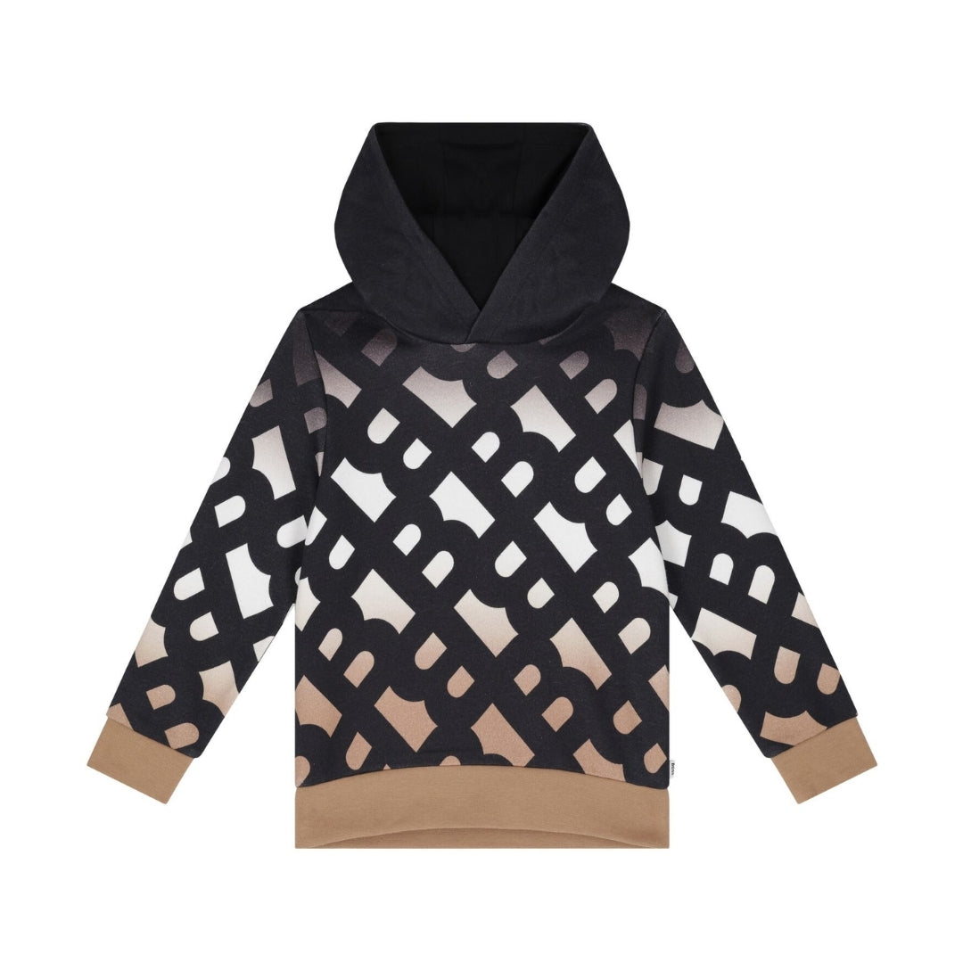 BOSS boys white, black, and beige cotton blend hooded top featuring an all-over monogram logo print, long sleeves, and ribbed cuffs, available at Lestyle Boutique 136 Little Collins St.