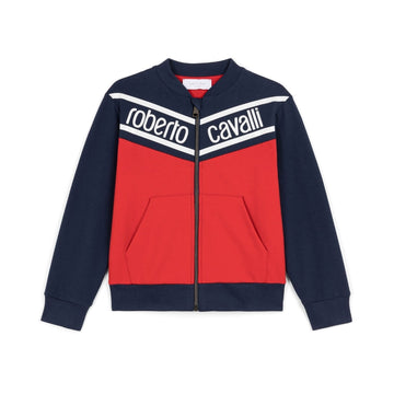 Roberto Cavalli zip-front sweatshirt featuring a red body, navy blue sleeves and ribbed trims, white chest panels with logo print, slip pockets, and round collar, made in Italy, available at Lestyle Boutique 136 Little Collins St.