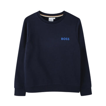 BOSS boys navy logo sweatshirt, an AW2024 deluxe addition, featuring a blue logo on the chest and striped inner neck trim, crafted from superior quality fabrics, available at Lestyle Boutique 136 Little Collins St.