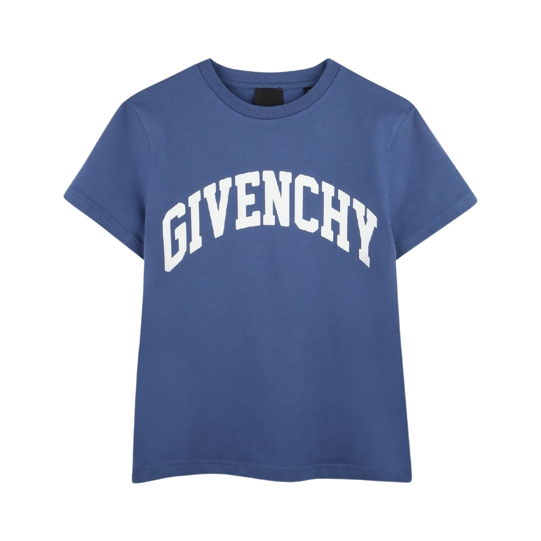 Givenchy Kids boys blue short sleeve organic cotton jersey t-shirt with a white curved 'GIVENCHY' print on the front and a 4G print on the back, available at Lestyle Boutique 136 Little Collins St.