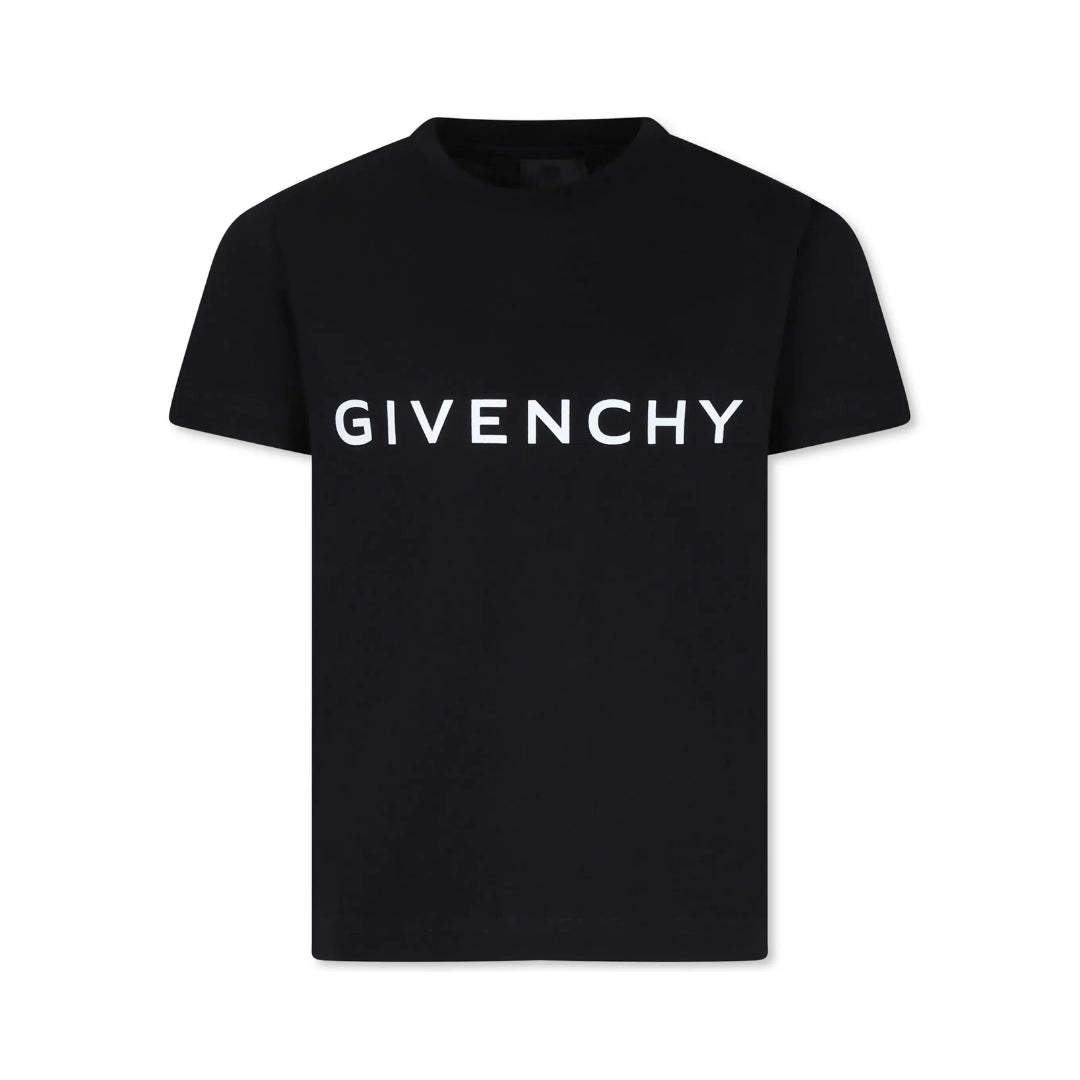 Givenchy Kids black 100% cotton t-shirt featuring a white 'GIVENCHY' logo print on the front, crew neck, short sleeves, and a signature 4G motif, made in Tunisia, available at Lestyle Boutique 136 Little Collins St.