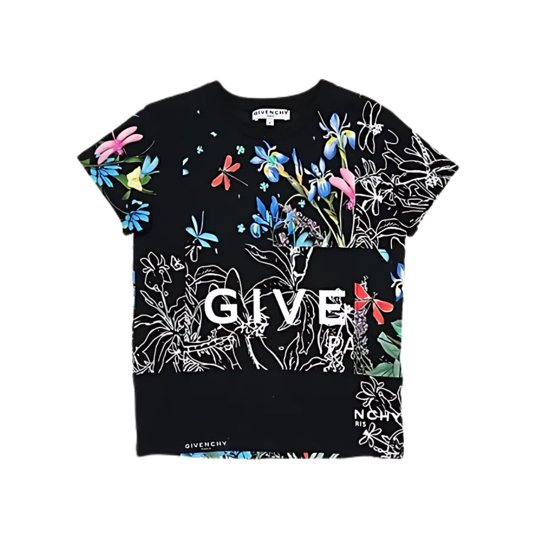Givenchy black t-shirt with a crew neck and short sleeves, featuring a mixed multi-color floral, white sketch floral, and bold white logo print across the front, available at Lestyle Boutique 136 Little Collins St.