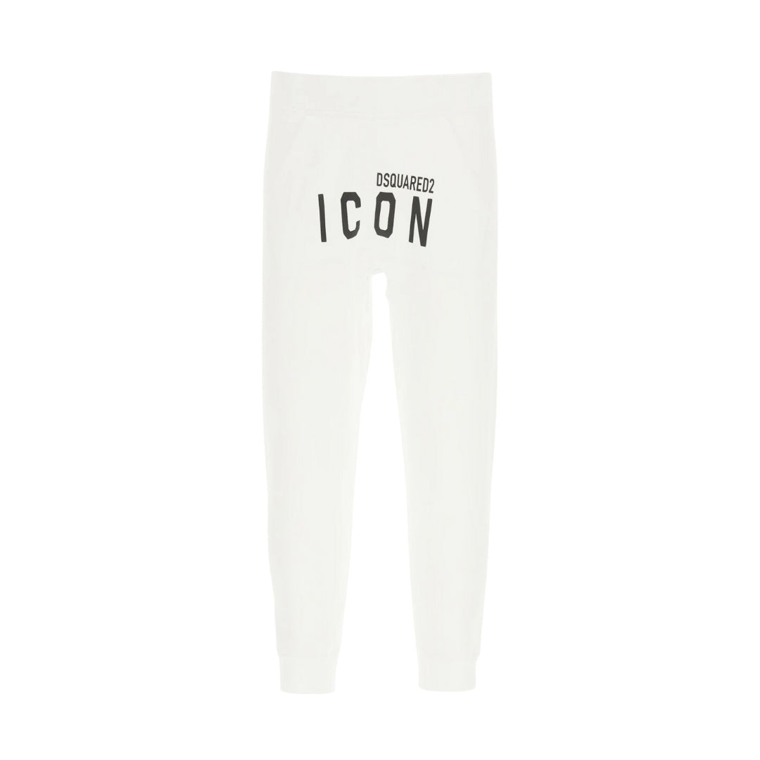 Dsquared2 men's white cotton fleece sweatpants featuring an elasticated waist, stretch rib-knit cuffs, front kangaroo pocket, and a black 'Dsquared2 Icon' logo print vertically on the left leg, made in Italy, available at Lestyle Boutique 136 Little Collins St.