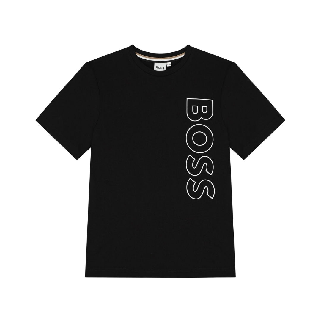 BOSS boys black cotton jersey t-shirt featuring a white vertical outline logo print on the front, crew neck, and short sleeves, available at Lestyle Boutique 136 Little Collins St.