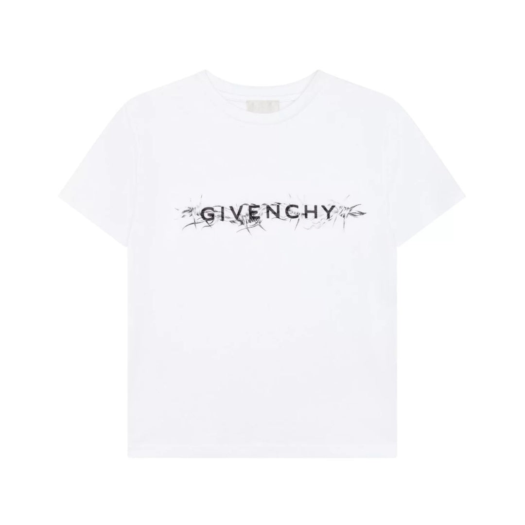 Givenchy Kids white cotton t-shirt with a round neck and short sleeves, featuring a black logo and graphic print with a velvet finish on the chest, made in Tunisia, available at Lestyle Boutique 136 Little Collins St.