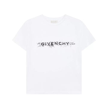 Givenchy Kids white cotton t-shirt with a round neck and short sleeves, featuring a black logo and graphic print with a velvet finish on the chest, made in Tunisia, available at Lestyle Boutique 136 Little Collins St.