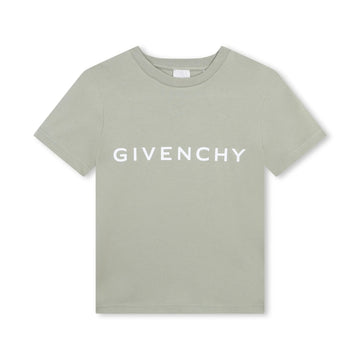 Givenchy Kids desert sage green organic-cotton T-shirt featuring a white 'GIVENCHY' logo print at the chest, crew neck, and short sleeves, available at Lestyle Boutique 136 Little Collins St.