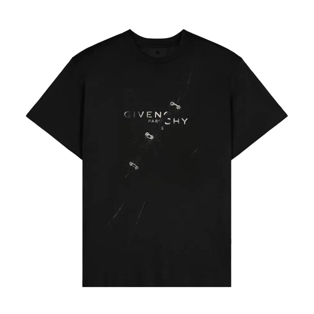 Givenchy black t-shirt with crew neck and short sleeves, featuring a white/silver trompe l'oeil Givenchy Paris logo print distorted by safety pin graphics, available at Lestyle Boutique 136 Little Collins St.