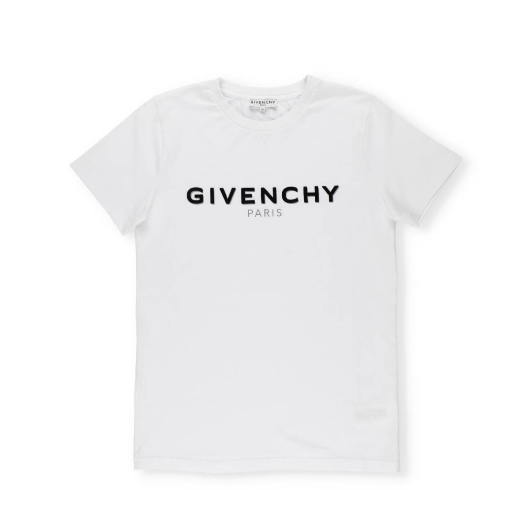 Givenchy white t-shirt with crew neck and short sleeves, featuring a black Givenchy Paris logo print on the chest, available at Lestyle Boutique 136 Little Collins St.