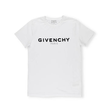 Givenchy white t-shirt with crew neck and short sleeves, featuring a black Givenchy Paris logo print on the chest, available at Lestyle Boutique 136 Little Collins St.