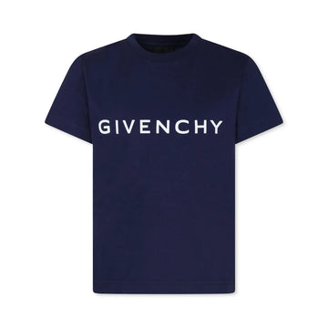 Givenchy Kids navy blue organic-cotton T-shirt featuring a white 'GIVENCHY' logo print at the chest, a signature 4G motif on the back, crew neck, and short sleeves, available at Lestyle Boutique 136 Little Collins St.