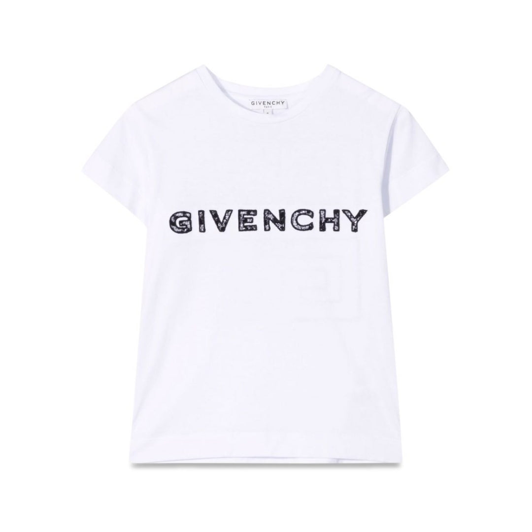 Givenchy white t-shirt with crew neck and short sleeves, featuring a black Givenchy logo print with a textured fill on the chest, available at Lestyle Boutique 136 Little Collins St.