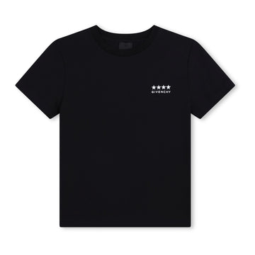 Givenchy black 100% cotton standard short sleeve base tee with a white 'GIVENCHY' and four-star logo on the chest, and front and back graphic detail, made in Portugal, available at Lestyle Boutique 136 Little Collins St.
